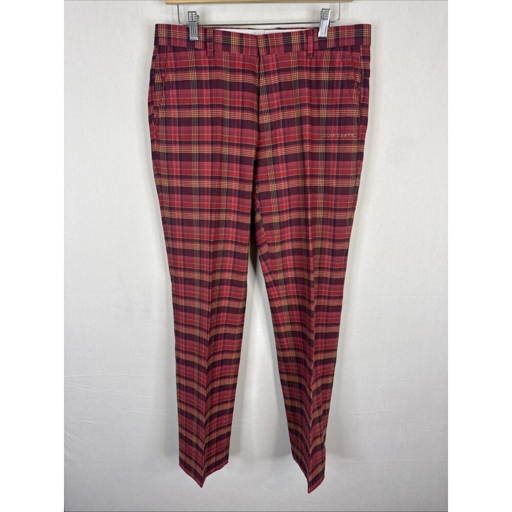 Louis Castel Plaid Golf Pants Red Tartan Check Mens 32X31 Stretch